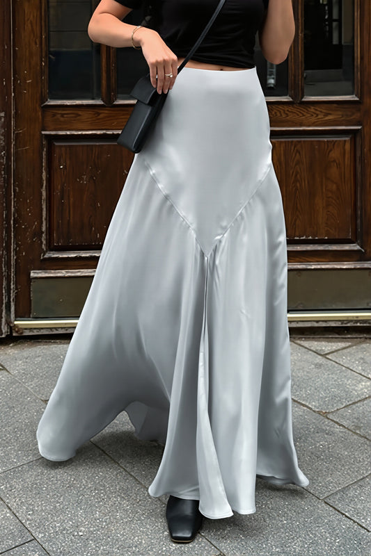 Gray Satin Slit Swing Maxi Skirt