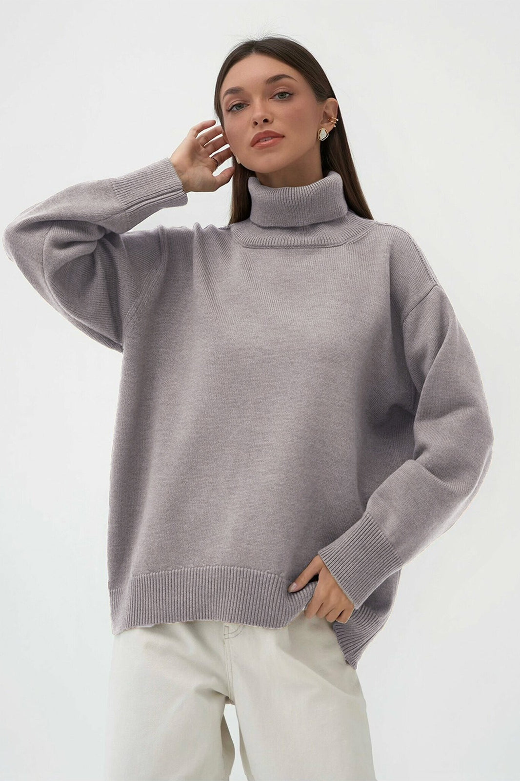 Basic Solid Knit Turtleneck Sweater Grey / S