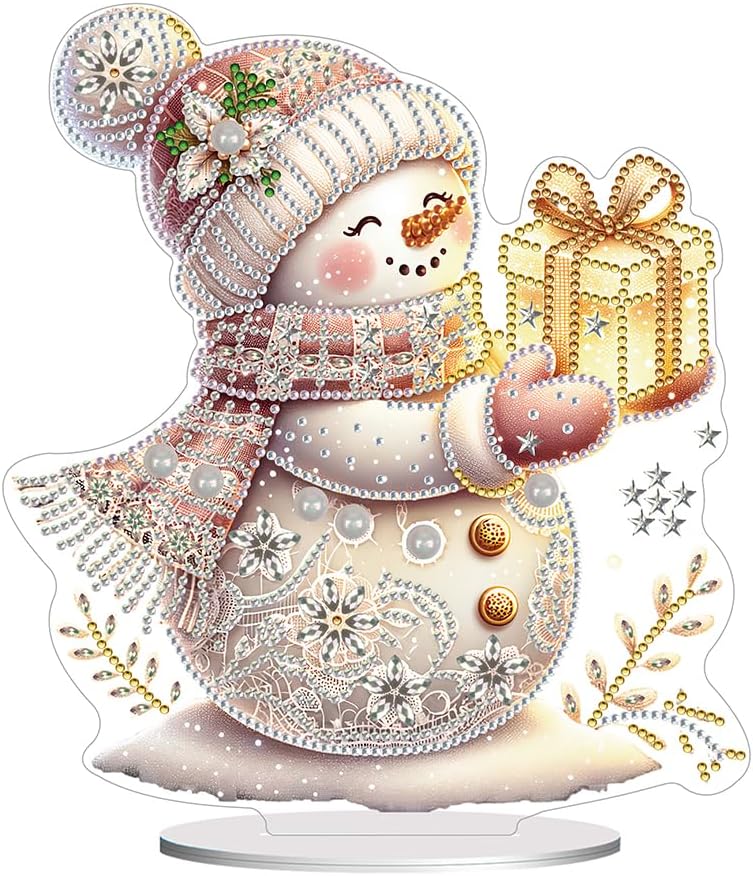 Christmas Snowman Diamond Art Tabletop Kit - Special Shape and Round Diamonds - Acrylic Xmas Decor DIY Crafts Gift