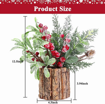 Christmas Centerpiece Decoration with Potted Plants, Greenery Pine Needles, and Red Berry Stems - Festive Home and Office Decor