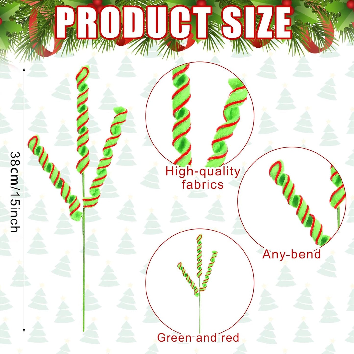 Christmas Tree Curly Picks Ornaments - Fabric Holiday Xmas Decorative Sprays - Green/Red Edge (16 Pcs)