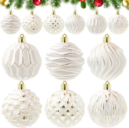 Vintage Farmhouse Christmas Tree Ornaments - White and Gold Distressed Hanging Balls