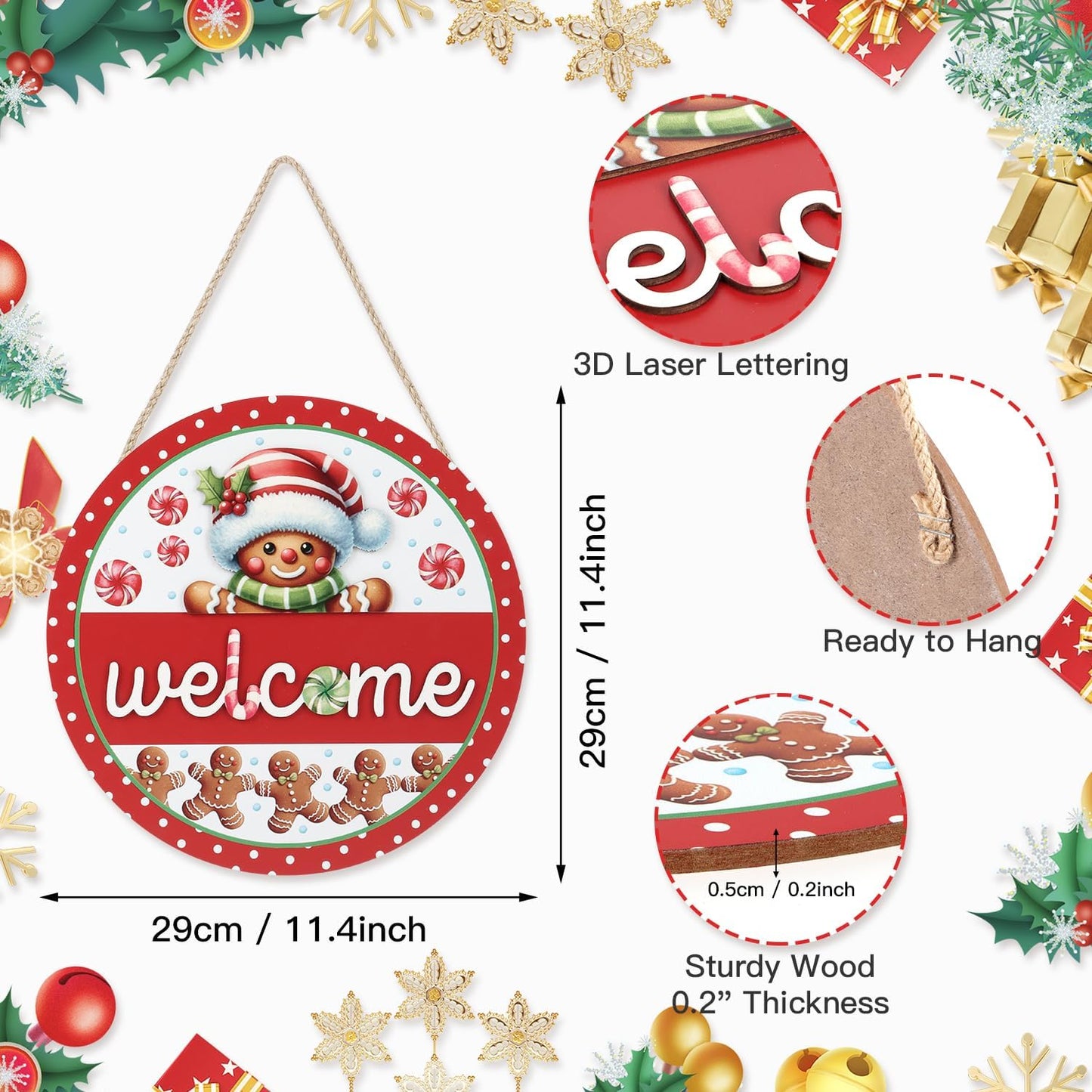 Gingerbread Christmas Front Door Wreath Sign - 3D Wooden Welcome Decoration