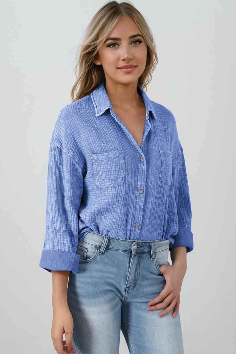 Blouse Textured With Buttons Clothes