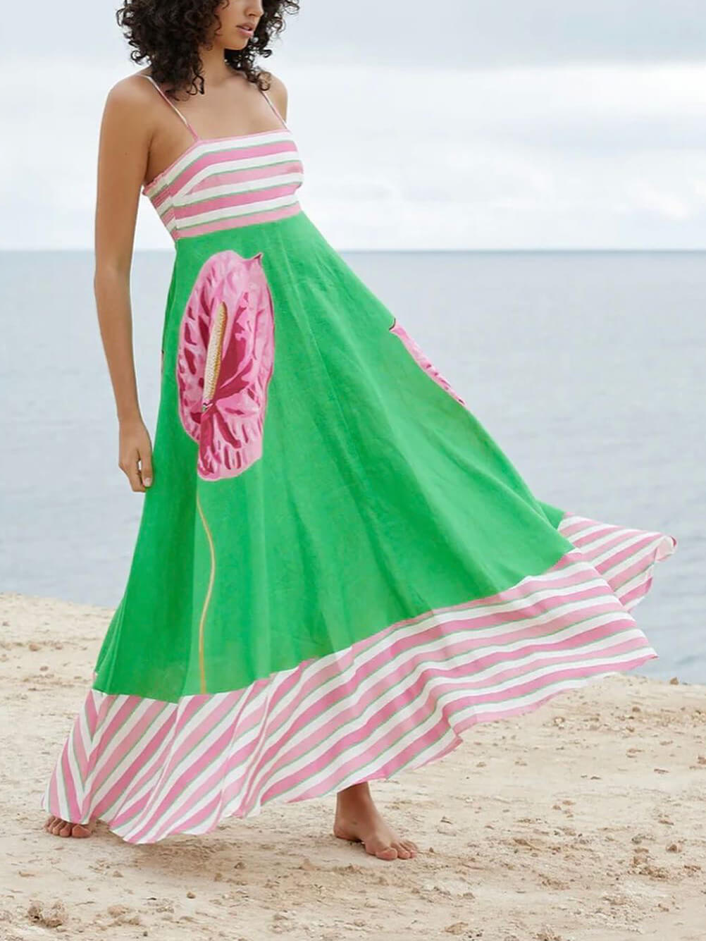 Floral Print Paneled Charming Striped Suspender Mixi Dress Dresses