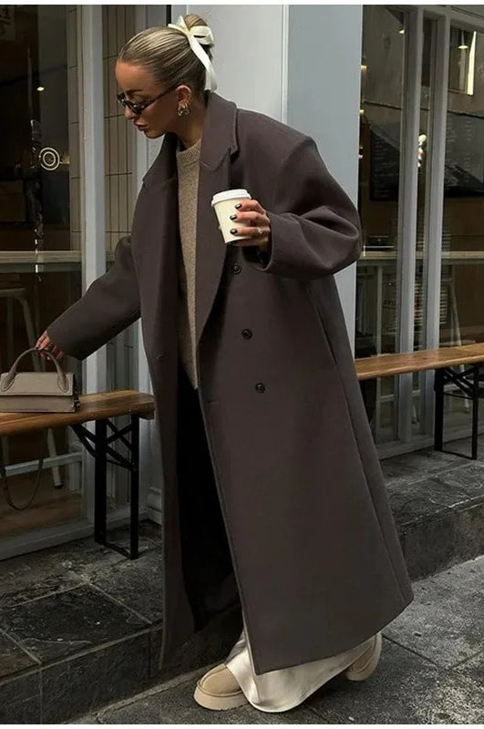 Elegant Casual Solid Color Double-Breasted Long Overcoat