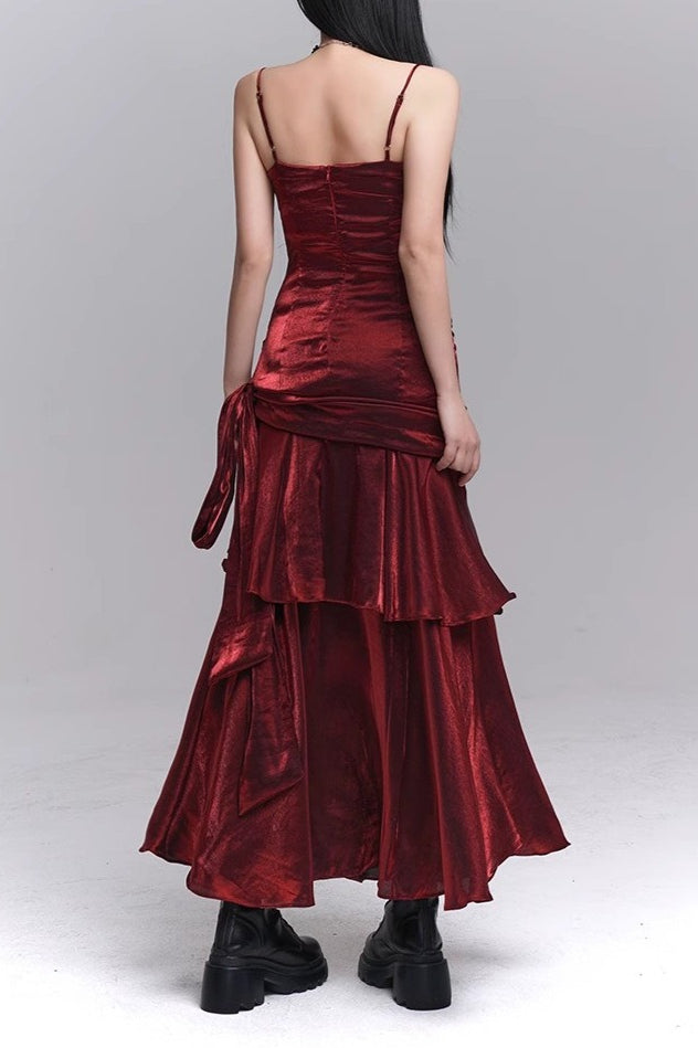 Asymmetrical Burgundy Ruffled Cami Party Dress