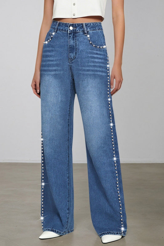 Washed Beaded High Waist Straight Leg Jeans