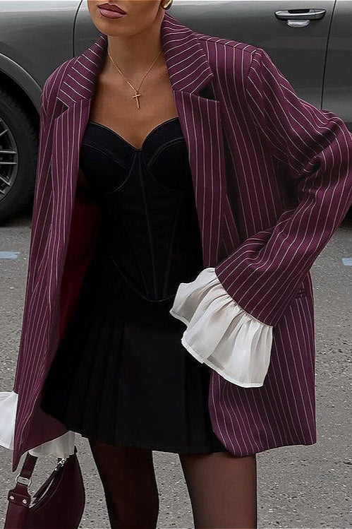Lace Striped Loose Flared Sleeve Blazer Coat