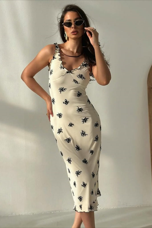 Robe longue moulante ajustée à bretelles spaghetti et col en V avec nœud