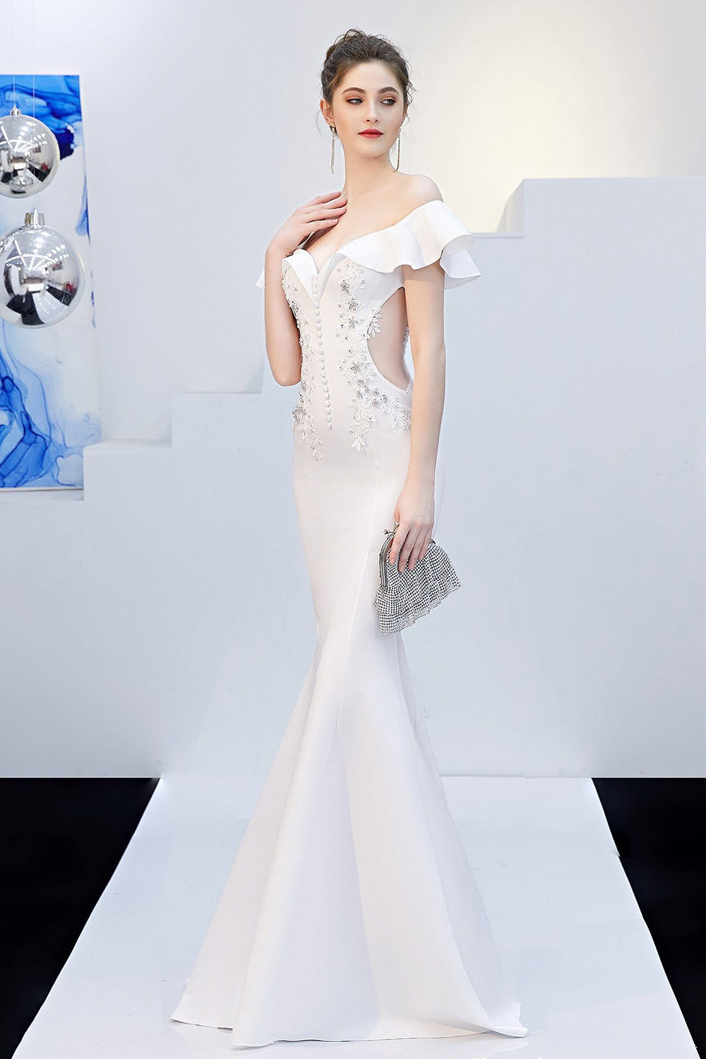 Elegant Off Shoulder Bodycon Formal Dress S / White