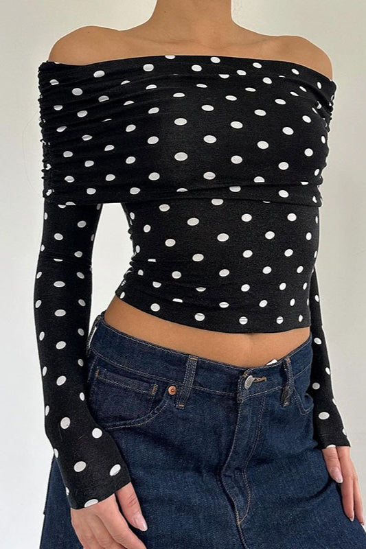 Polka Dot Color Block Off-Shoulder Crop Top