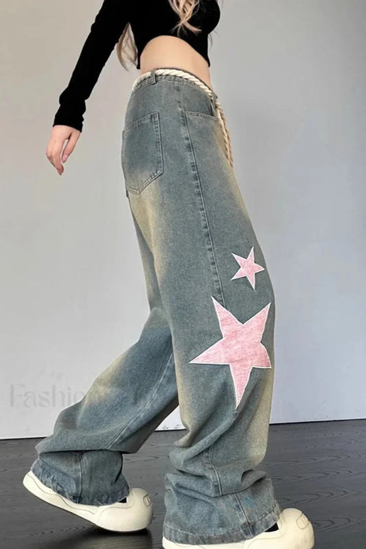 Wide Leg Patchwork Heart Jeans