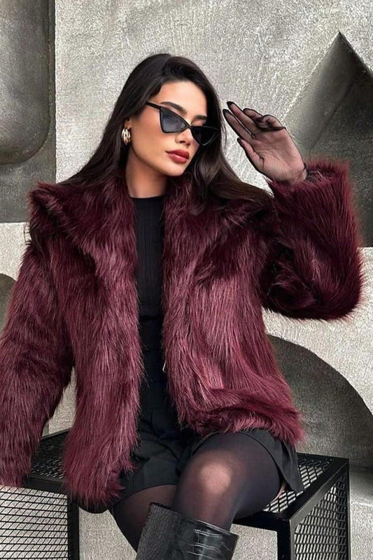 Plush Solid Color Faux Animal Fur Warm Notch Collar Coat