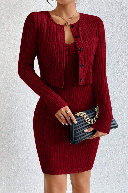 Elegant Solid Slim Crop Cardigan Dress Two Piece Set
