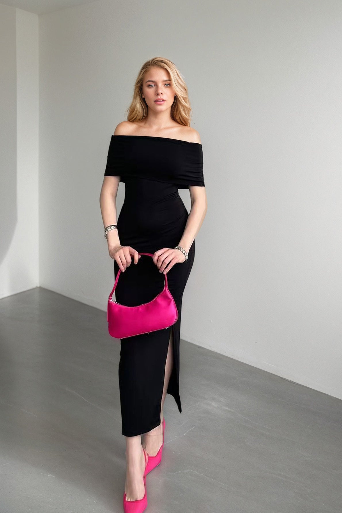 High Waist Off Shoulder Slit Formal Dress