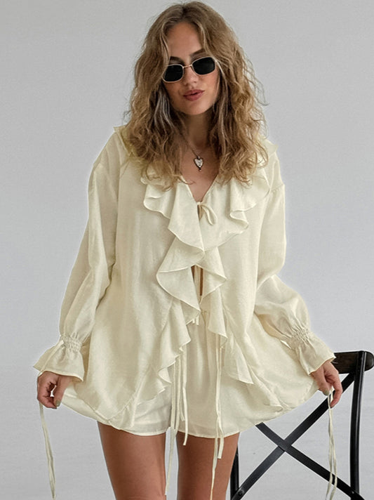 Ruffled Hem Tie Front Cardigan & Shorts Set Blouse