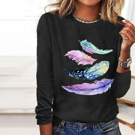 【100% Cotton】Casual Feather Print T-Shirt Black 100% Cotton best Best Sellings clothes Plus Size Sale tops Topseller