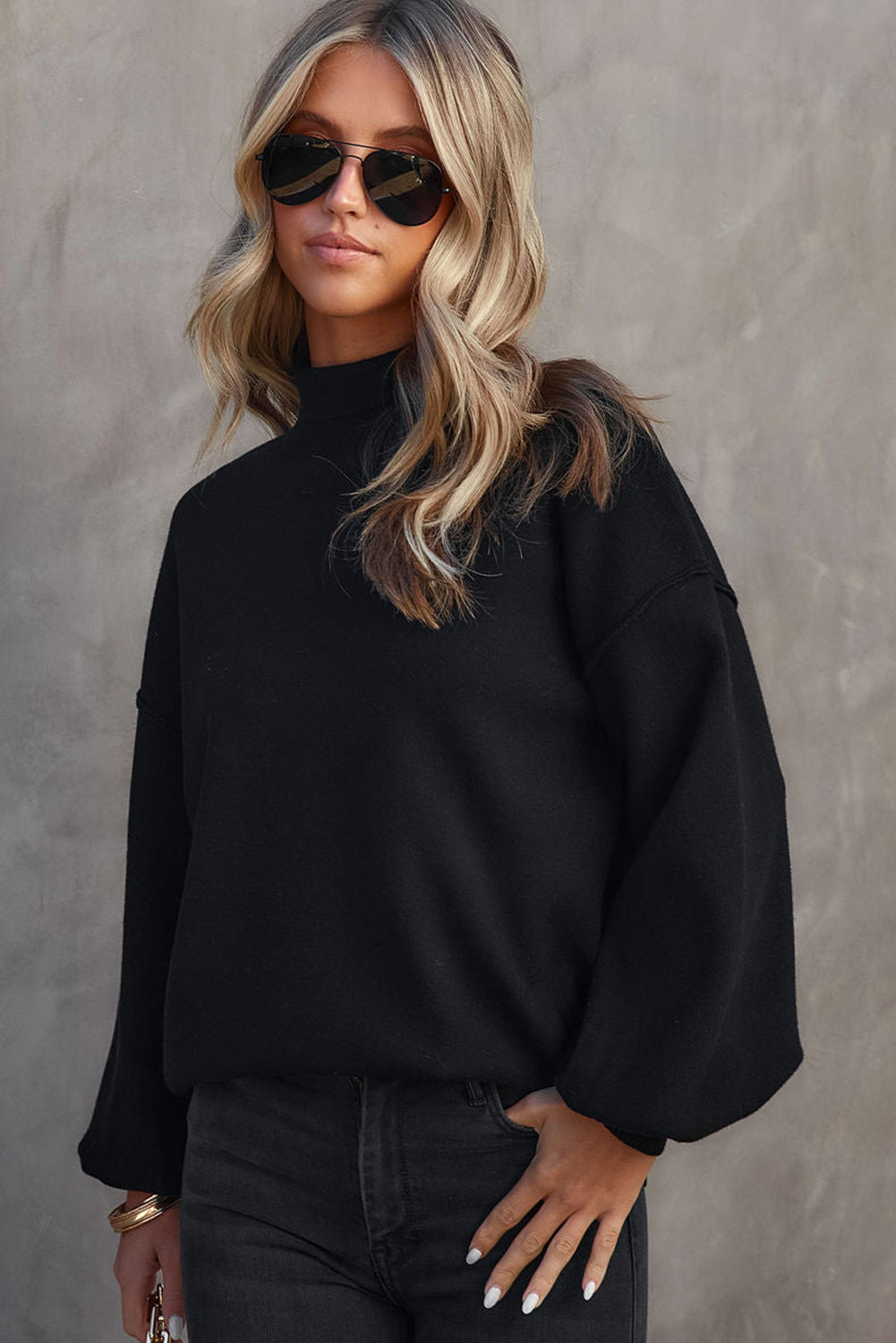 Shoulder Arm Turtleneck Knit Bubble Sweater Drop in Black