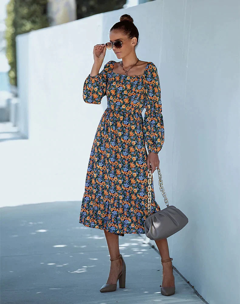 Printed Long Sleeve Dress with Square Collar