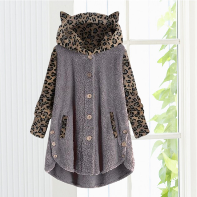 Leopard Patchwork Cat Ears Coat Dark Gray Best Sellings cardigan cardigans clothes Plus Size Sale tops