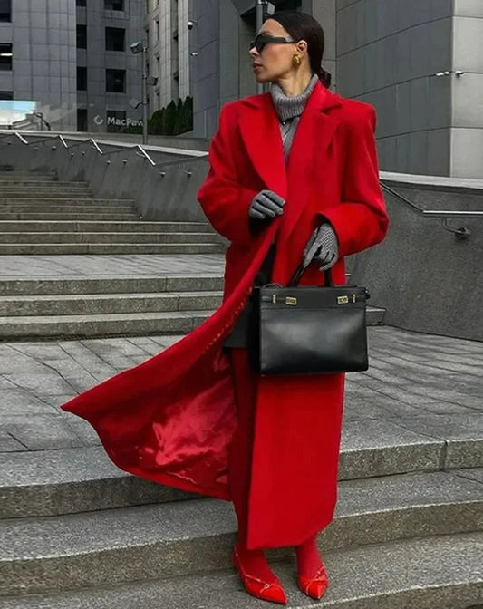 Red Woolen Blend Lapel Coat