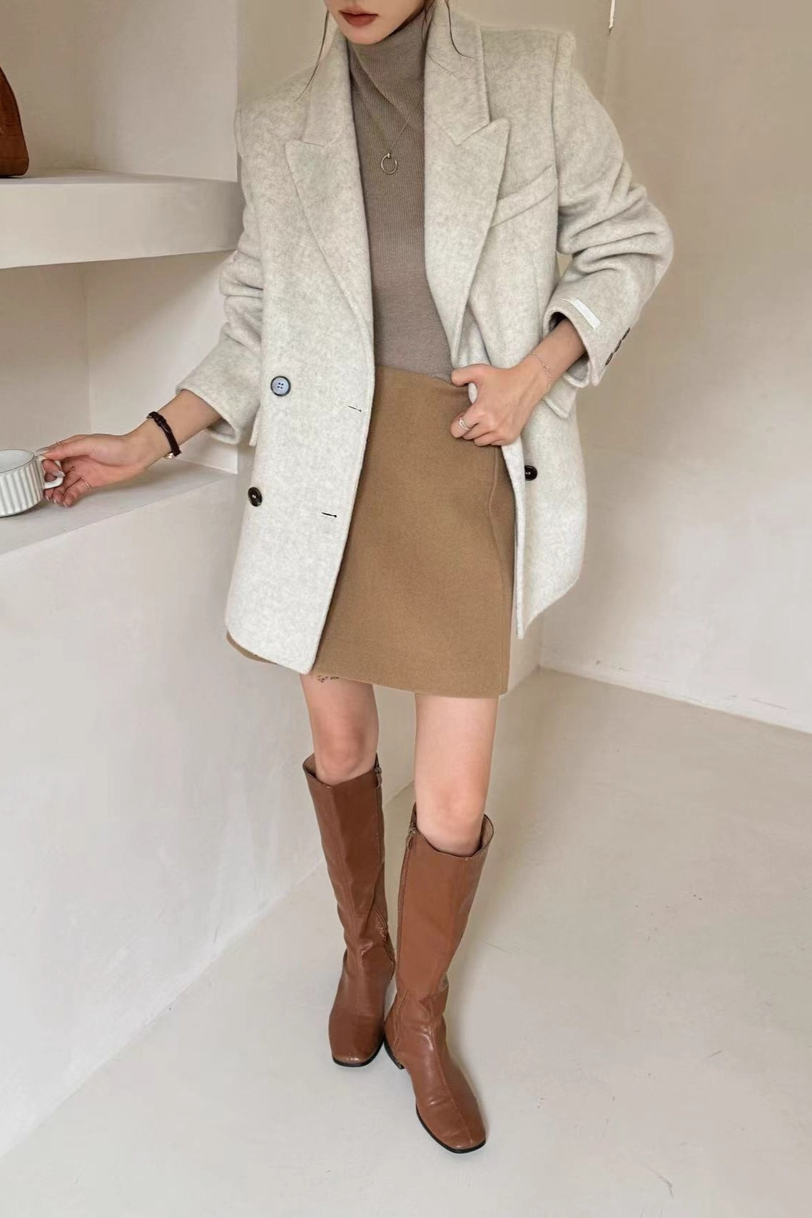 Tailored Collar Double-Face Wool Midi Coat