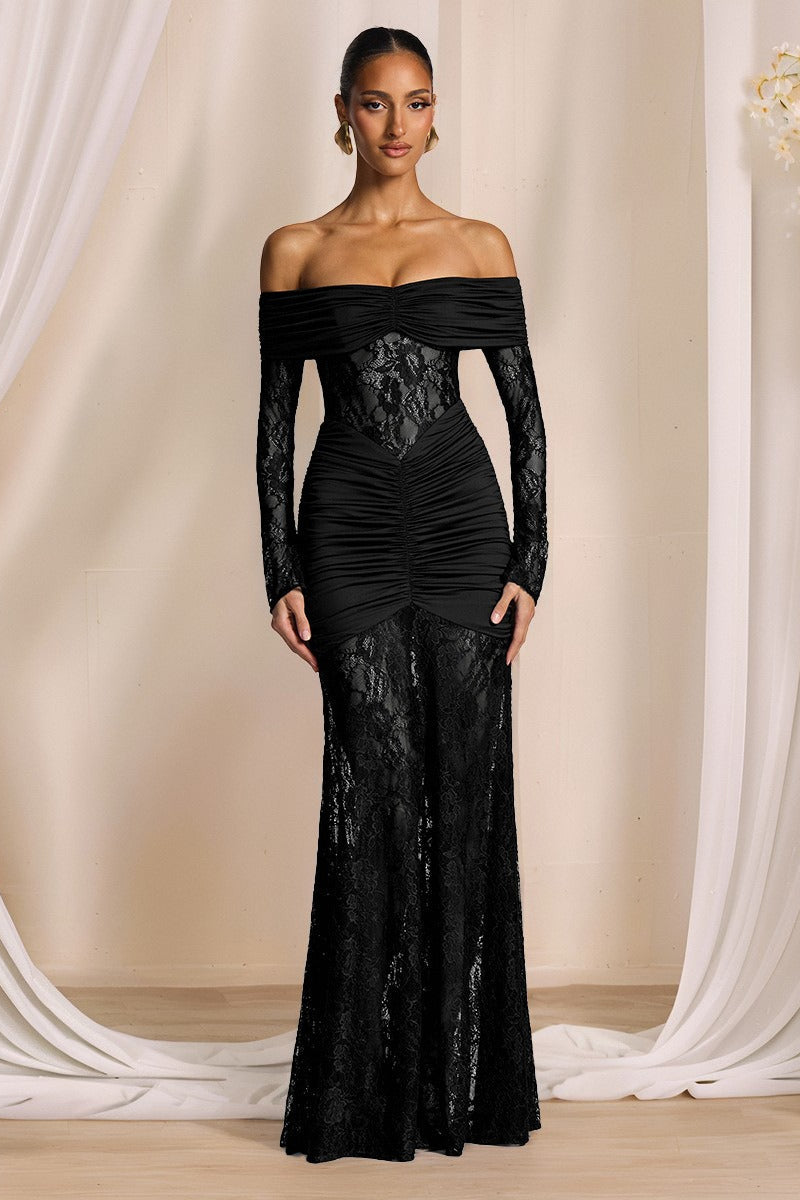 Elegant Lace Off Shoulder Long Sleeve Formal Dress Black / S