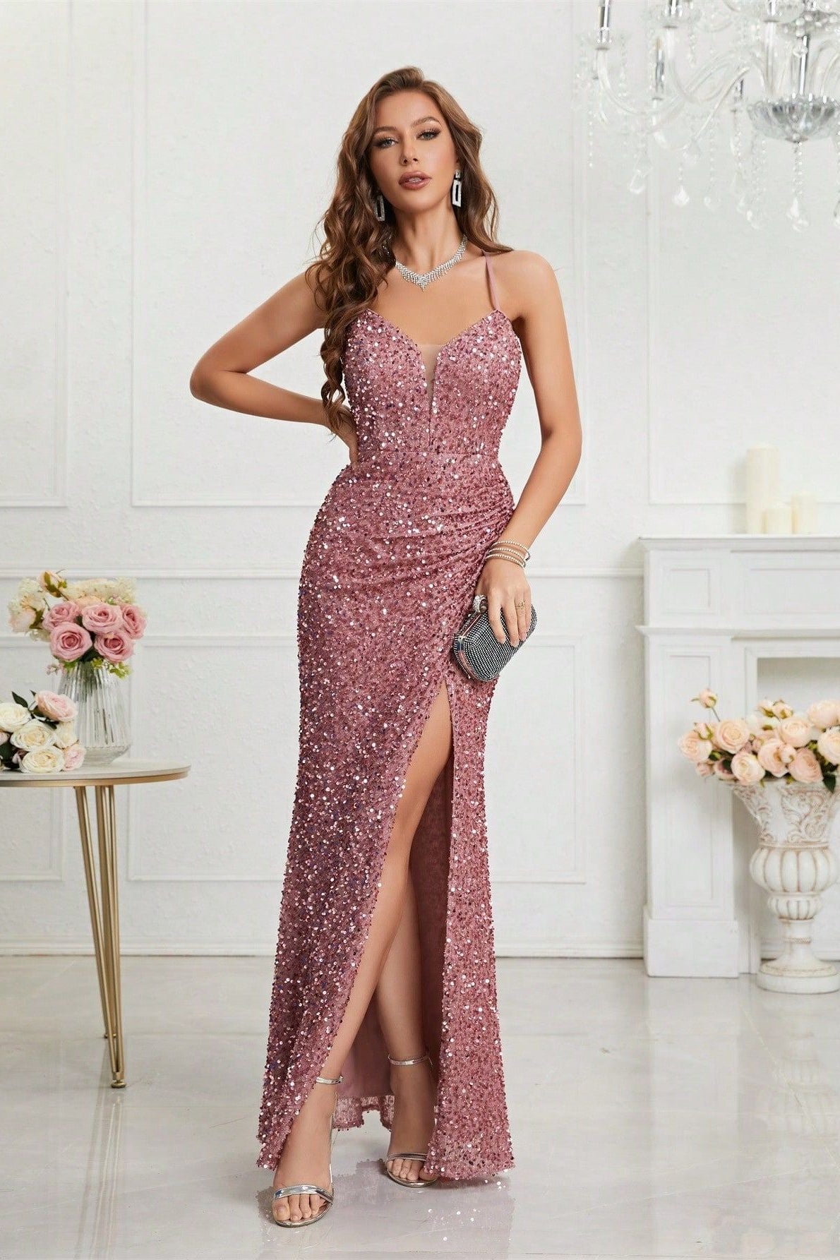 Sequin V Neck Bodycon Formal Dress S / Pink