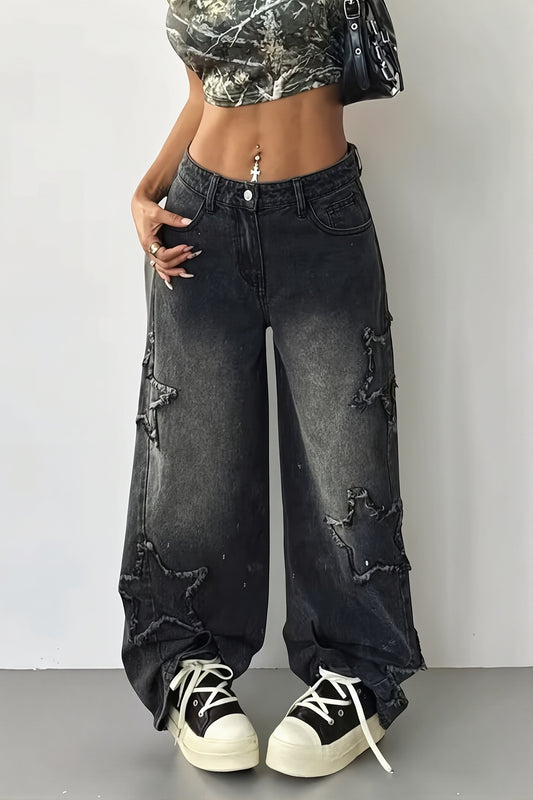 Frayed Star Applique Wide Leg Jeans