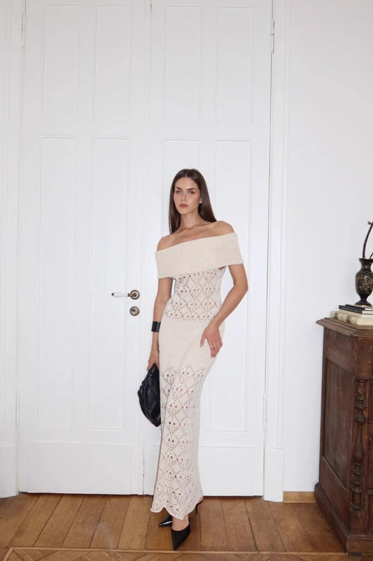 Waisted Knit Off Shoulder Bodycon Boho Dress