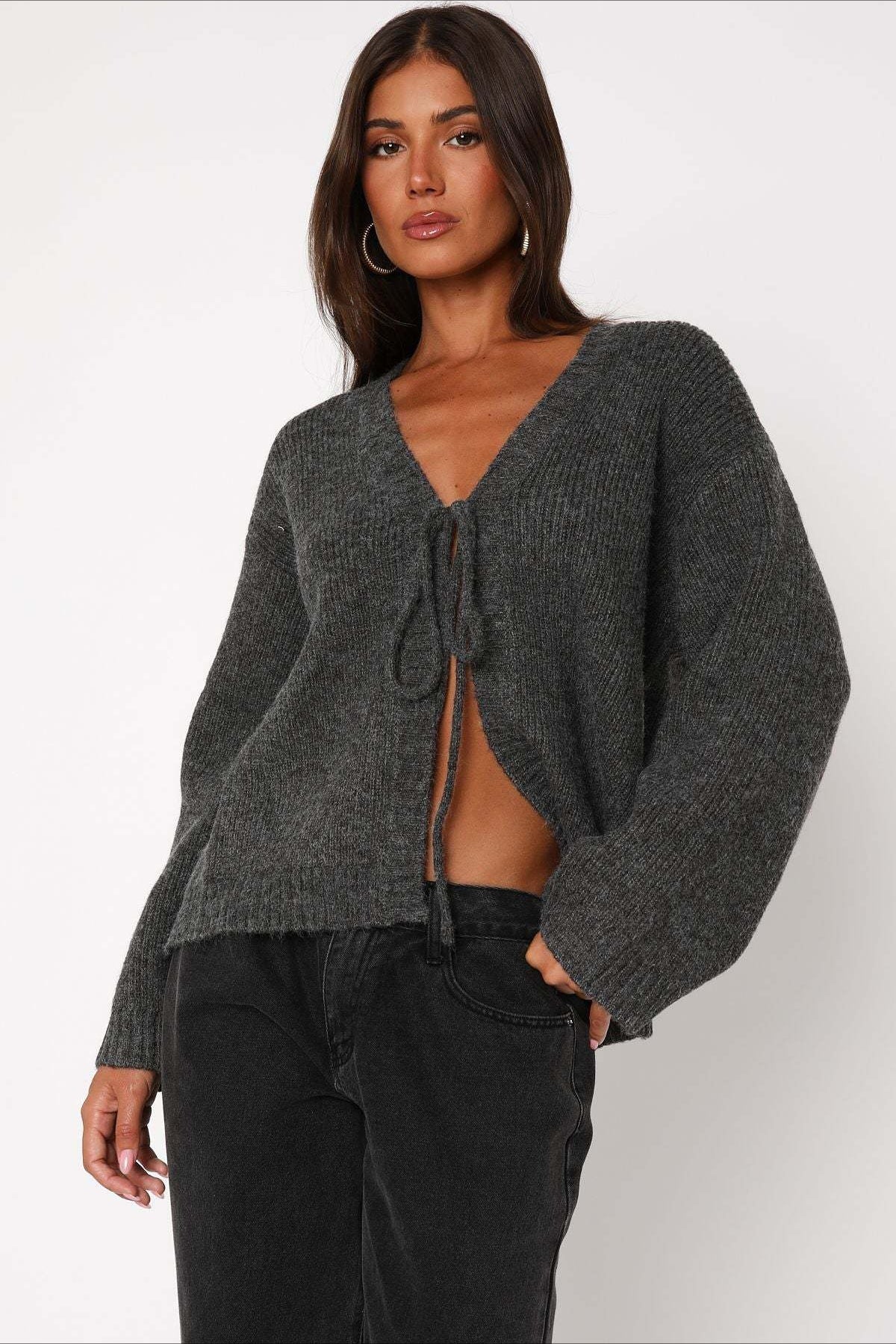 V Neck Tie Front Knit Cardigan Sweater Grey / S