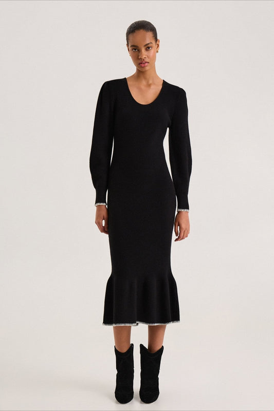 Contrast Trim Ruffle Sweater Dress S / Black