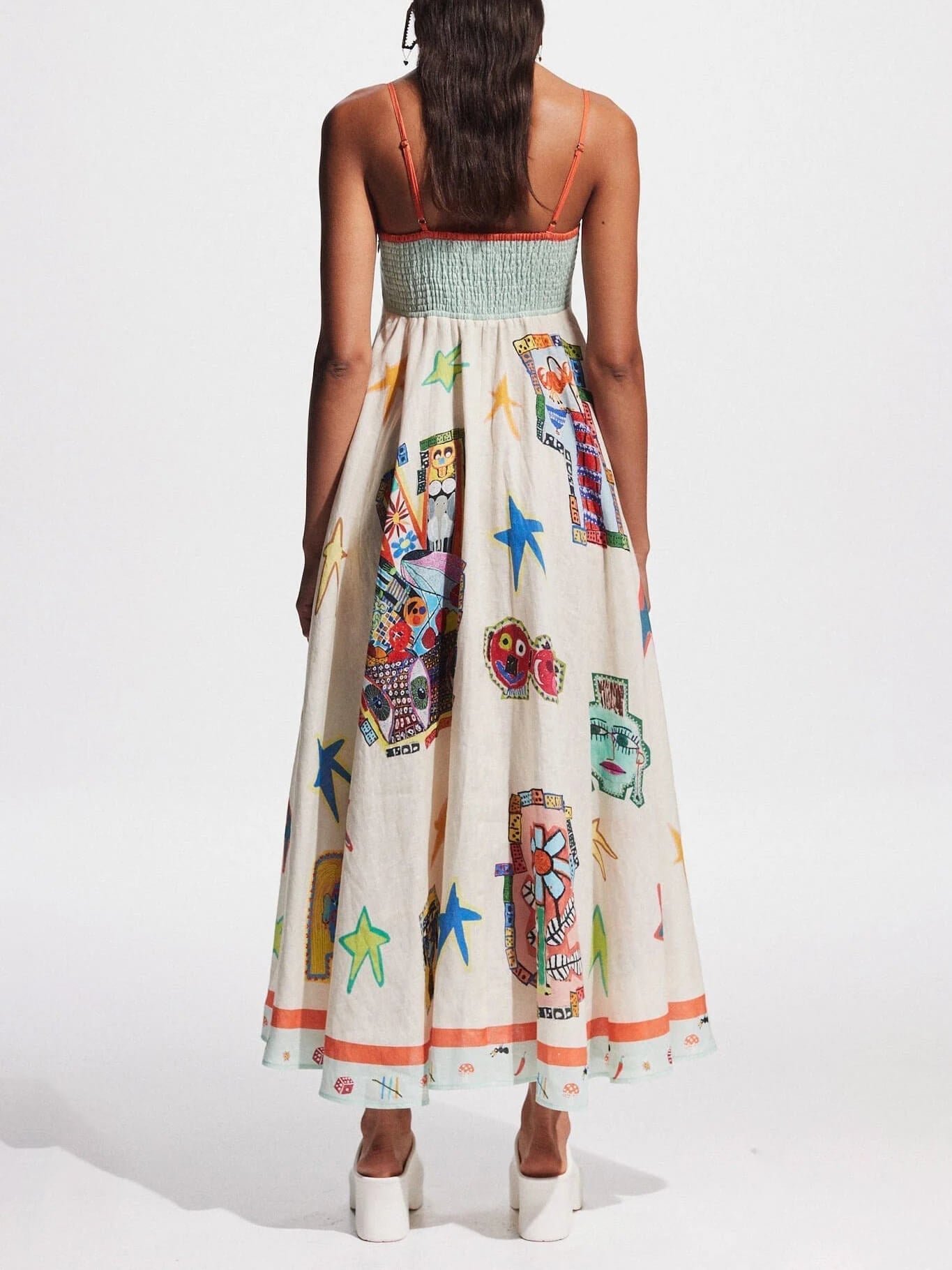 Unique Graffiti Print Suspenders Graceful Long Swing Midi Dress