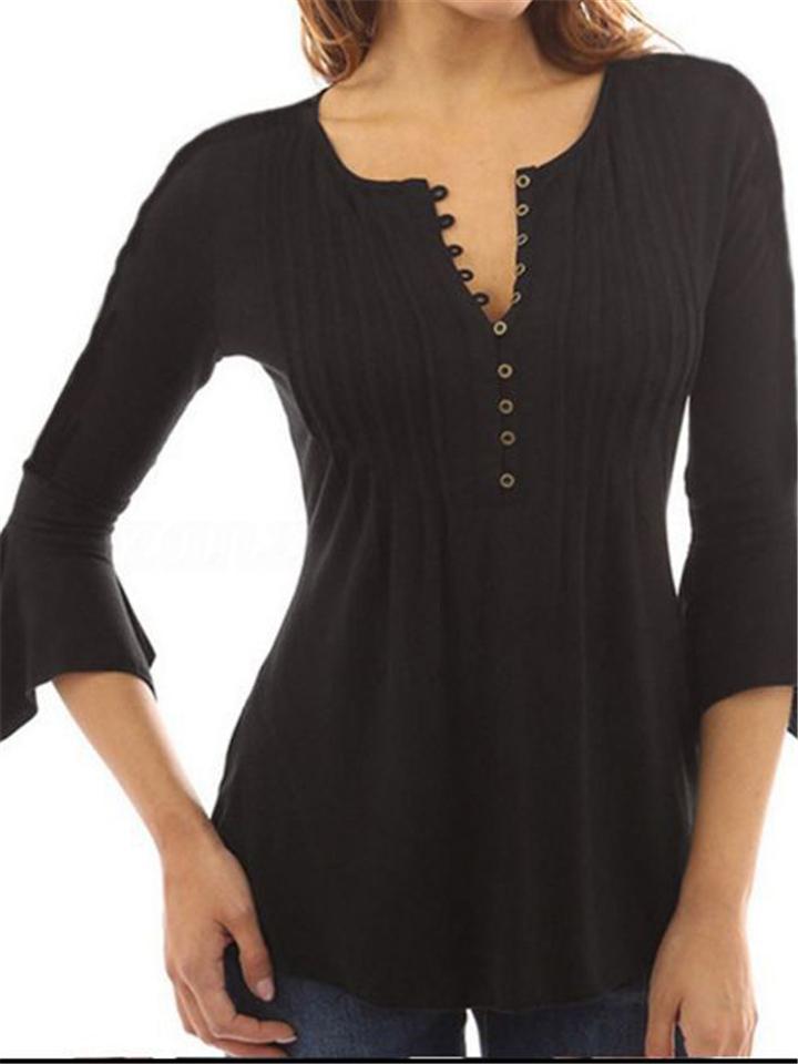 V-neck Flared Plain Folded in Blouse Arm Women's Color