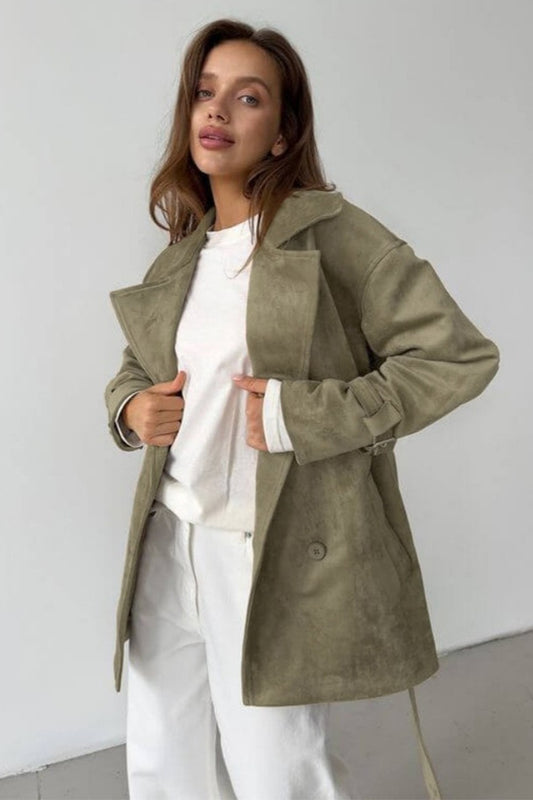 Faux Suede Belted Trench Coat