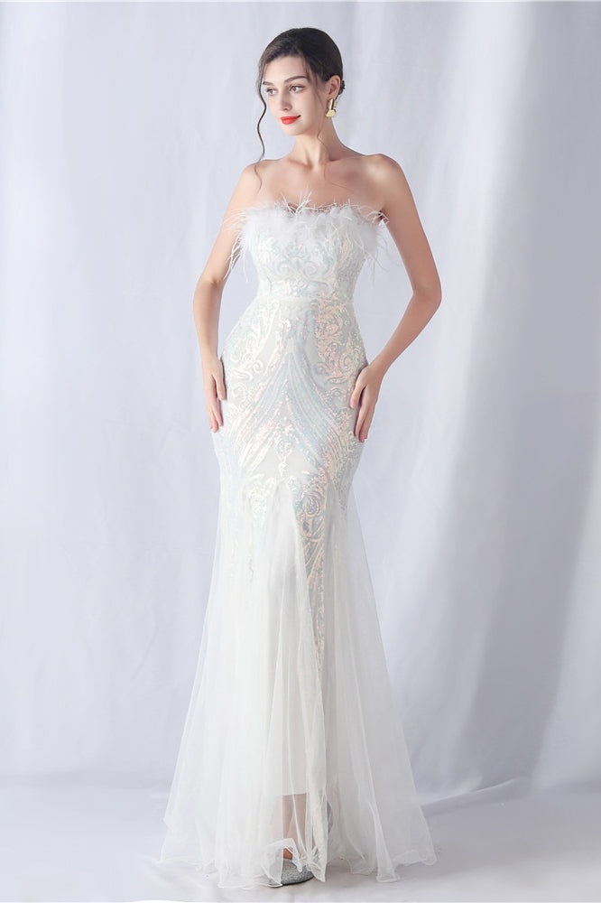 Ostrich Feather Sequin Evening Party Dress White / S
