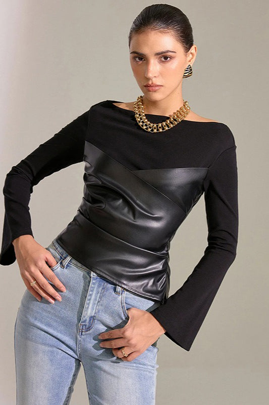 Bell-Sleeve Faux Leather Trim Solid Knit Top