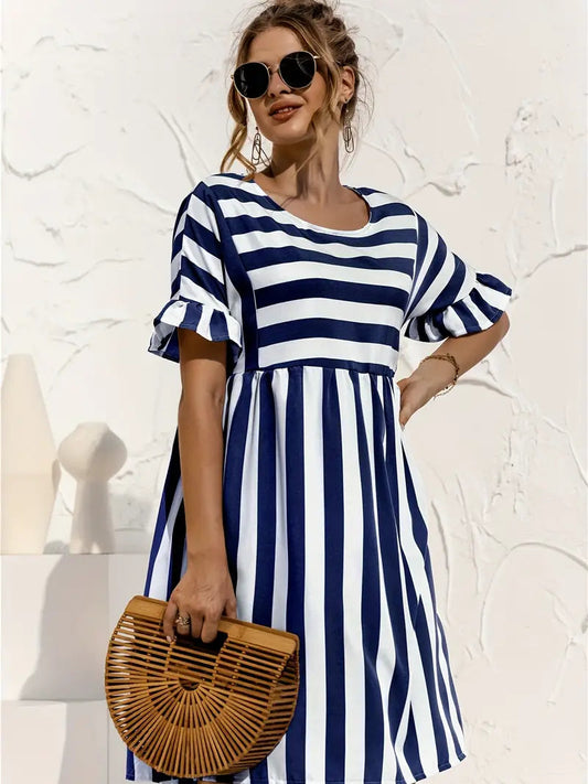 Navy Striped Summer Dress With Short Sleeves S / Pink Navy Blue Striped Dress