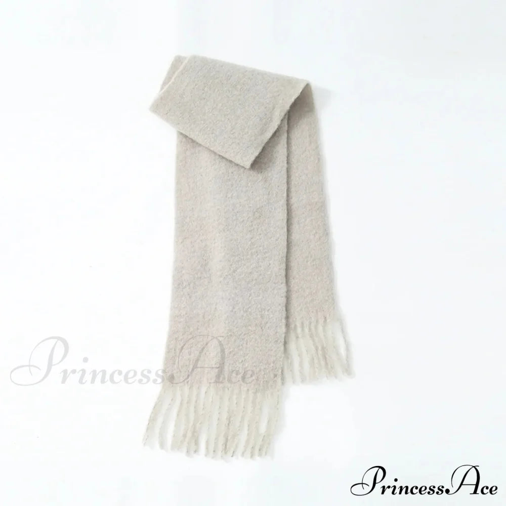 80% Wool Blend Solid Color Tassel Scarf For Women - Autumn Winter Collection Beige Scarfs-L