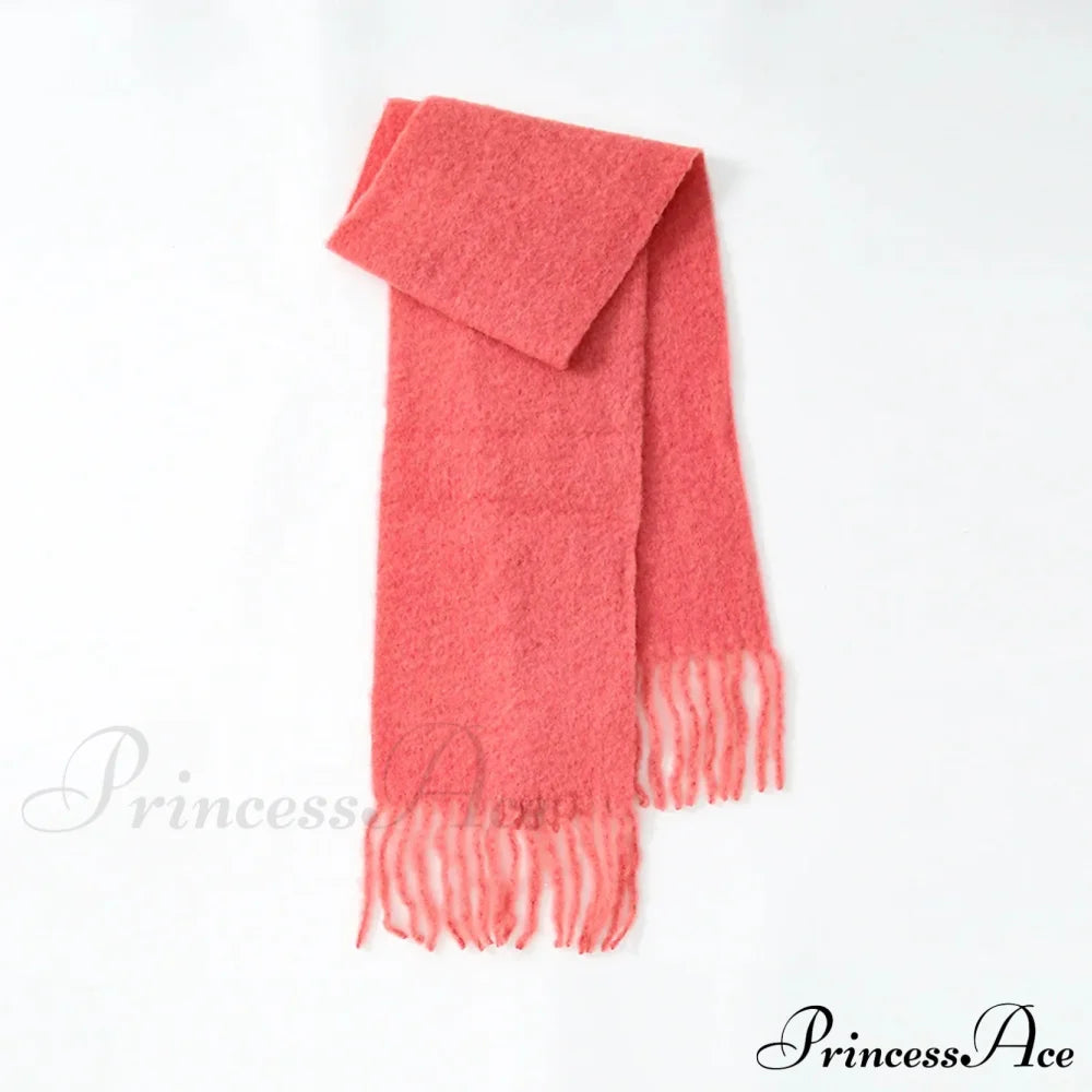 80% Wool Blend Solid Color Tassel Scarf For Women - Autumn Winter Collection Red Pink Scarfs-L