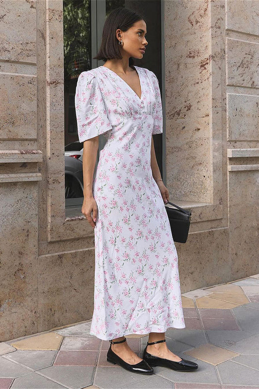 V Neck Fitted Shoulder High Waist Short Sleeve Floral Dress