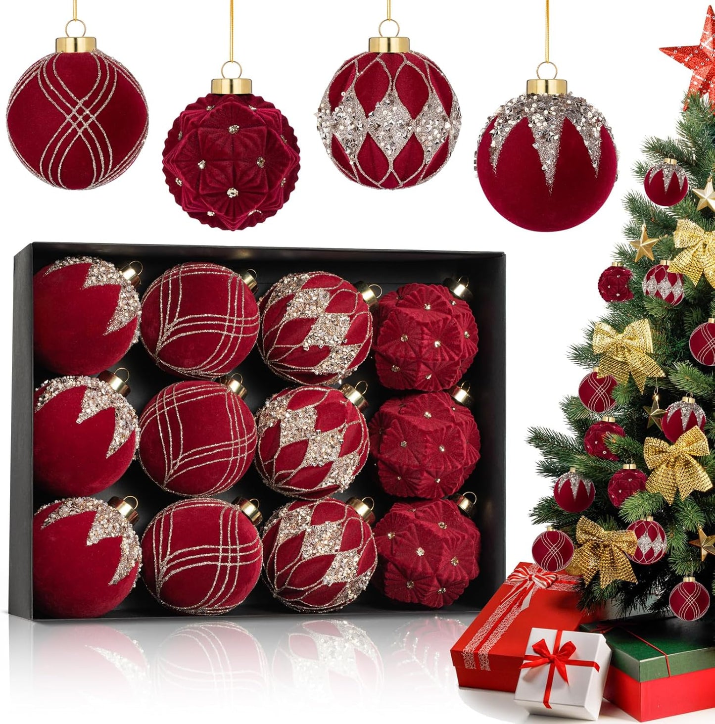 Flocked Red Christmas Ball Ornaments - 12-Pack, 80mm/3.15 in