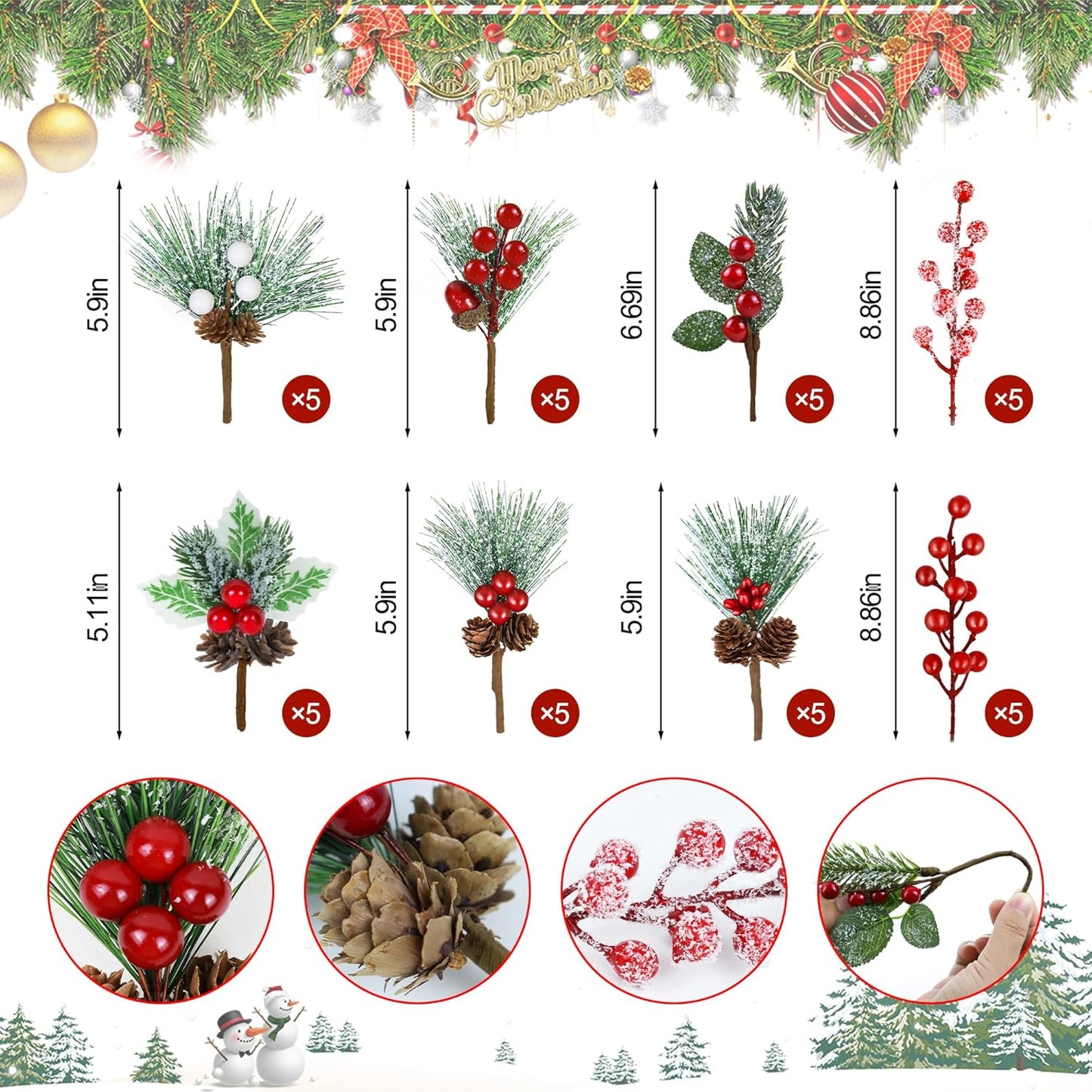 Artificial Christmas Picks Red Berry Stems Sprays Faux Cedar Holly Pine Needles Branches - Set of 40