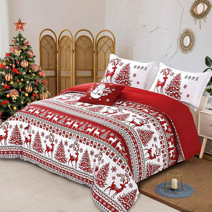 Christmas Queen Size Duvet Cover Set - Red Deer Tree Snowflake Pattern - Soft Microfiber - Zipper Closure - New Year Holiday - 90" x 90"