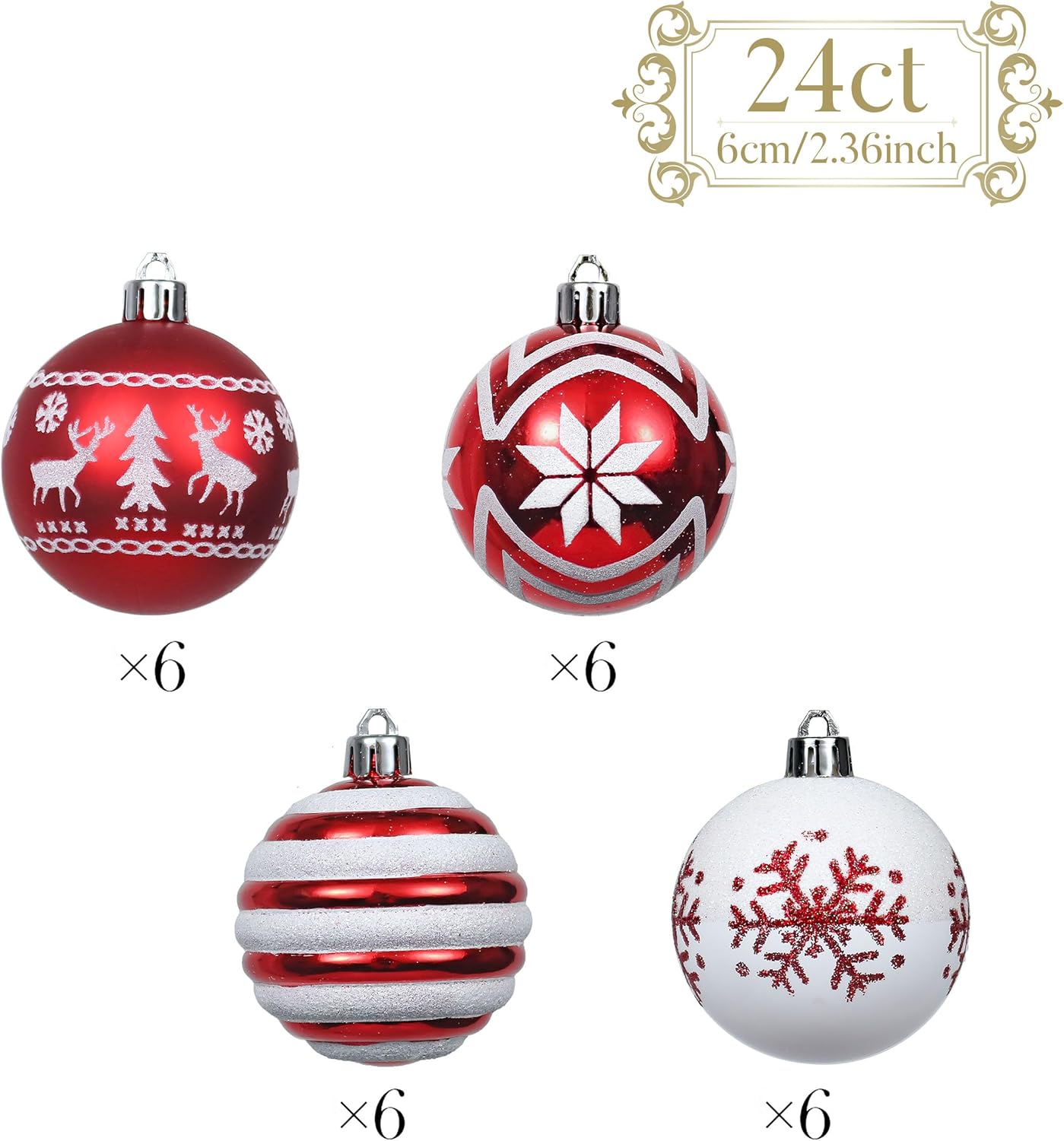 Shatterproof Red and White Christmas Ball Ornaments Set - 24ct