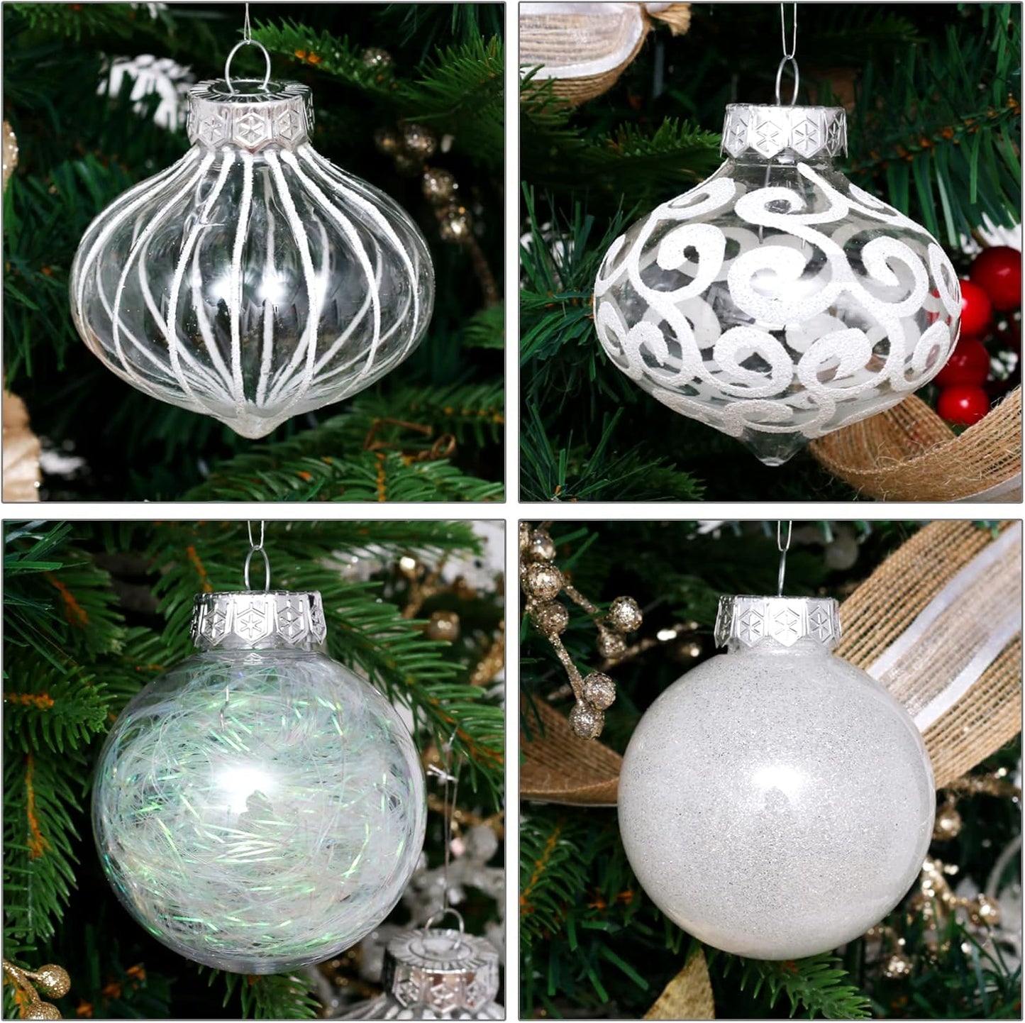 24ct Clear White Plastic Shatterproof Christmas Ornaments Set with Delicate Stuffed Decorations