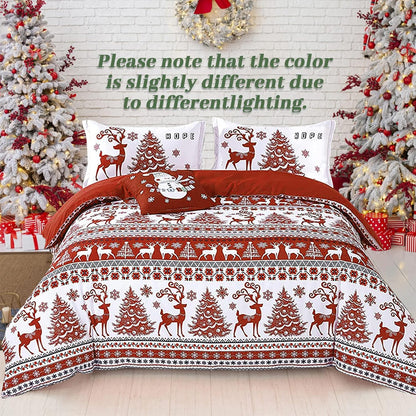 Christmas Queen Size Duvet Cover Set - Red Deer Tree Snowflake Pattern - Soft Microfiber - Zipper Closure - New Year Holiday - 90" x 90"