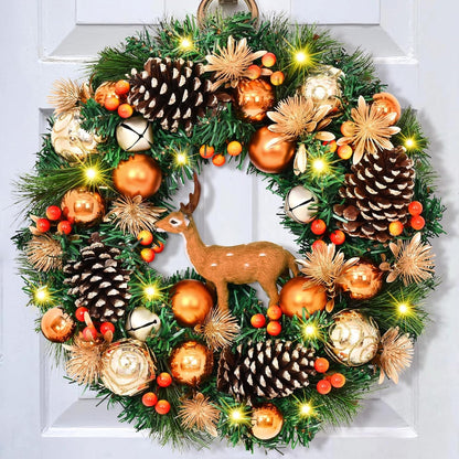 Christmas Wreath with Red Reindeer Balls, Berries, Pine Cones, and Pine Needles - Front Door or Wall Decor