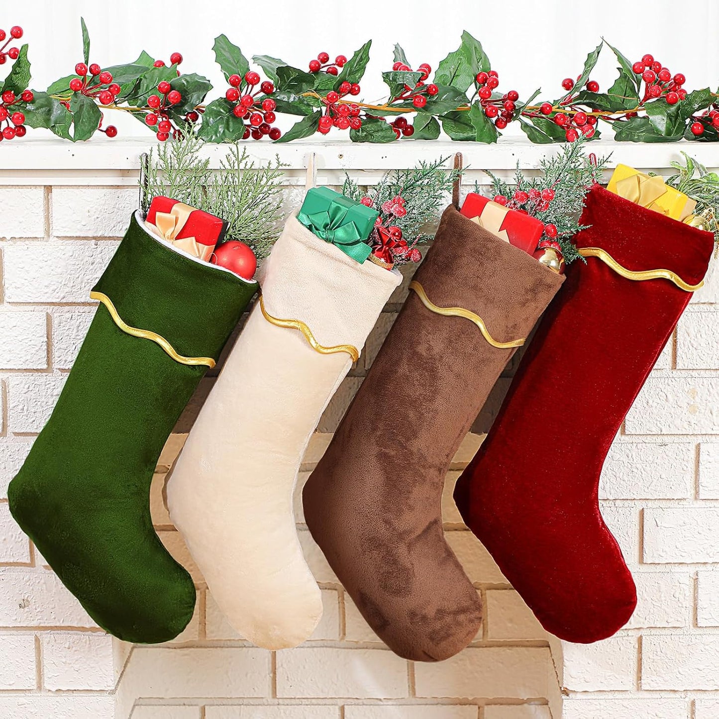 Set of 4 18 Inch Neutral Christmas Jute Burlap Stockings with Scalloped Edge